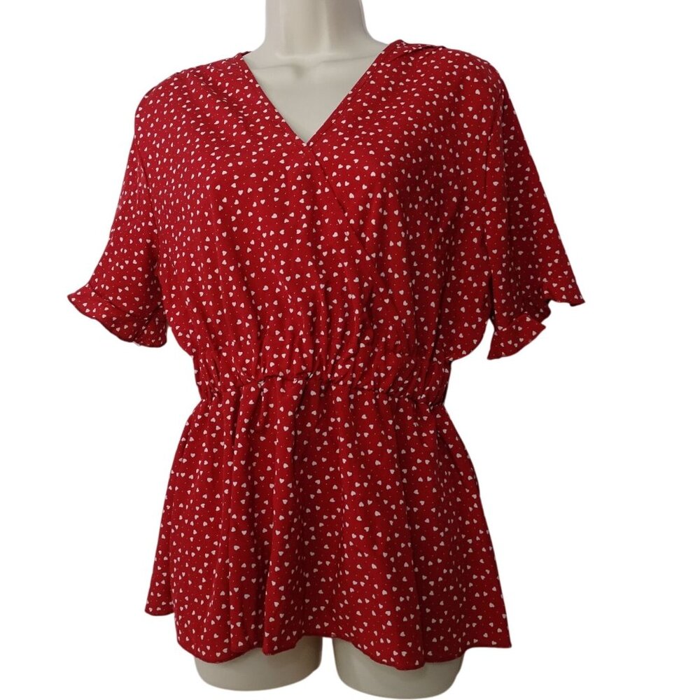 C+D+M Red White Heart Print V-Neck Top Elastic Waist Flowy Sleeves Women Size M